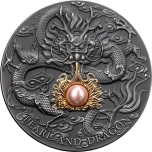 "Розовая жемчужина и дракон". Острова Ниуэ. 5 $ 2024 г. 99,9% серебряная монета с позолотой, с антик обработкой и жемчужиной. 62,2 г.