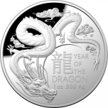 Год Дракона 2024 г. - Австралия 5 $ 99,99% серебряная монета  форме купола 31.107 г.