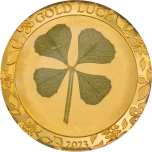 Õnn kaasa! - Good Luck! - Palau 1 $ 2023.a. 1 grammine 99,9% kuldmünt ehtsa ristikheina lehega