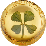 Õnn kaasa! - Good Luck! - Palau 1 $ 2024.a. 1 grammine 99,9% kuldmünt ehtsa ristikheina lehega